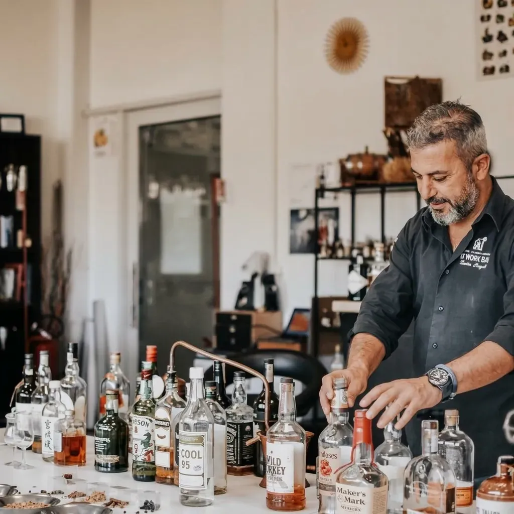 Sandro Laugelli al tavolo con una selezione di distillati